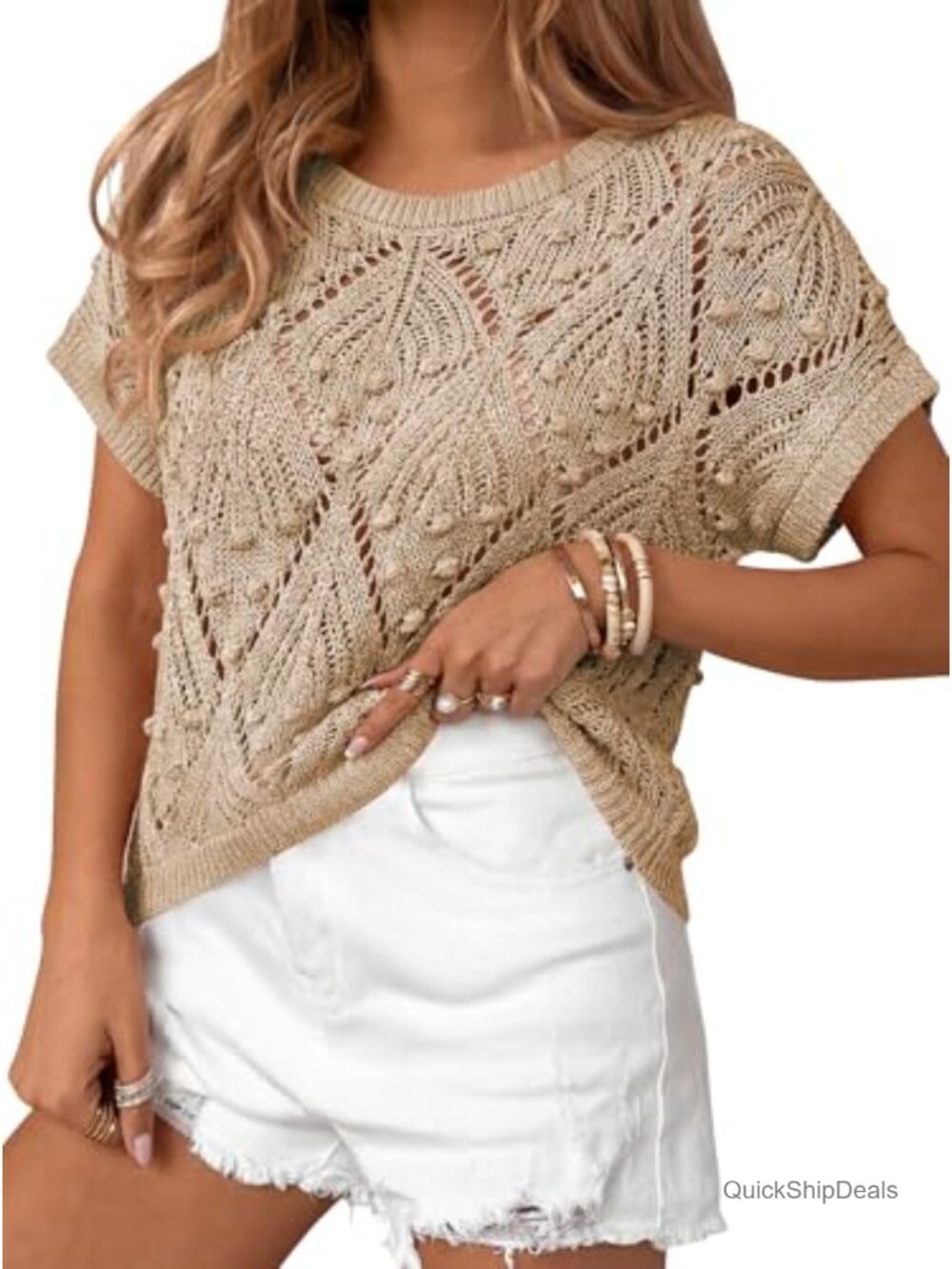 Crochet Short Sleeve Sweater Boho Summer Top Popcorn Knit